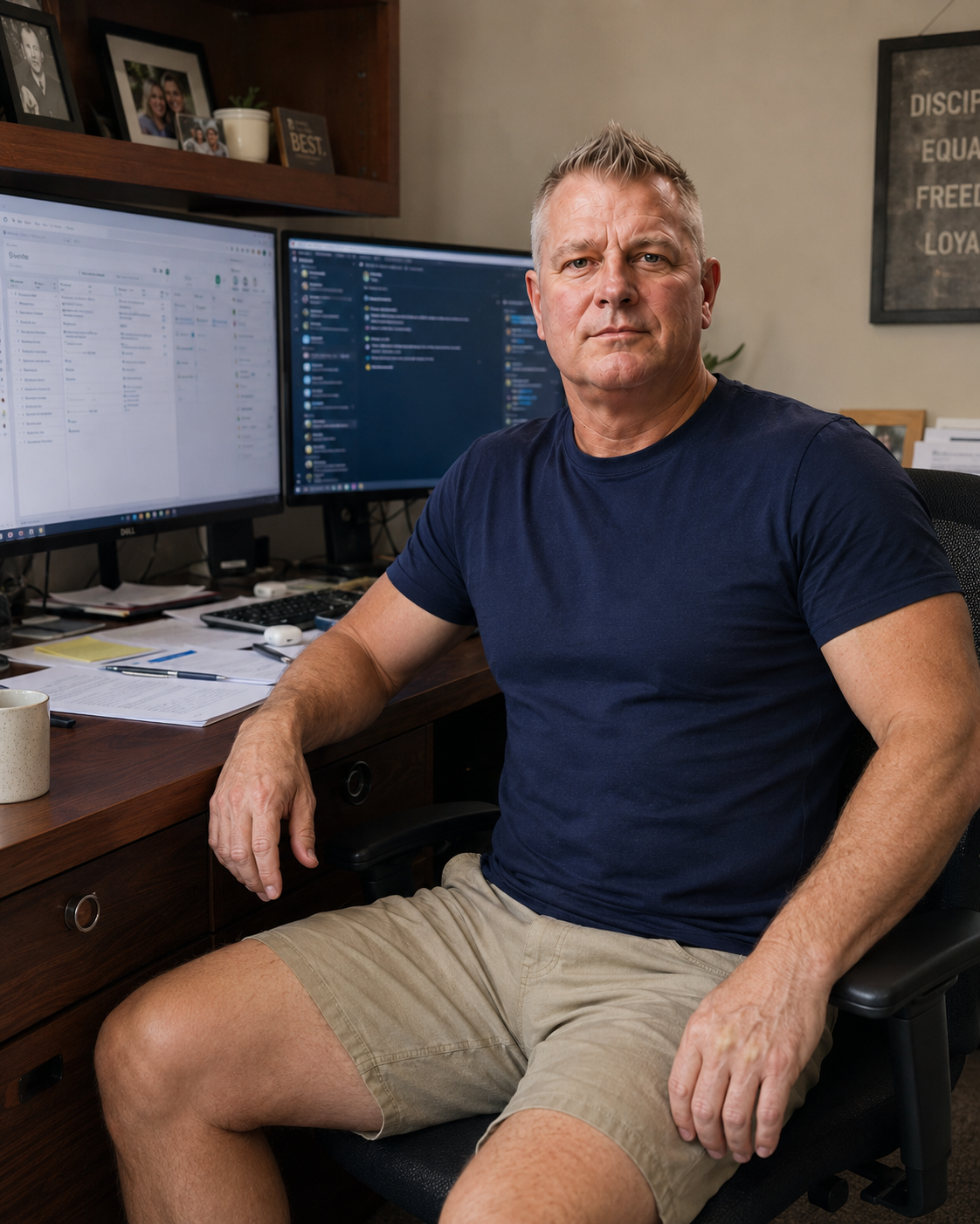 Rick Muenchau at his home office desk, running his business with AI systems on screen